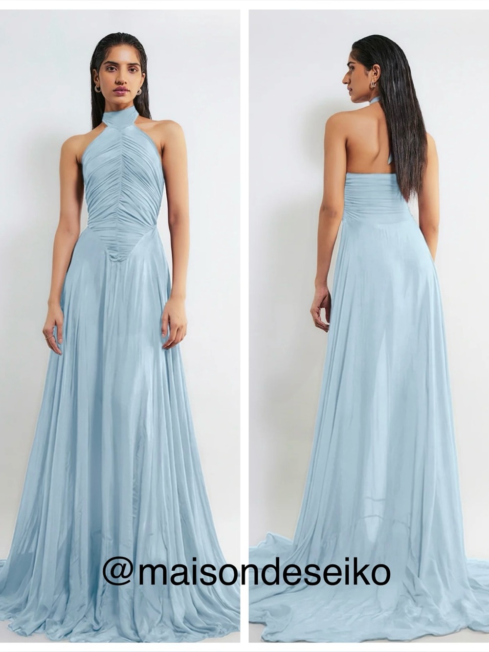 NWT Deme by Gabriella Maxi Dress Light Blue Kerstin Halter Chiffon Wedding Guest